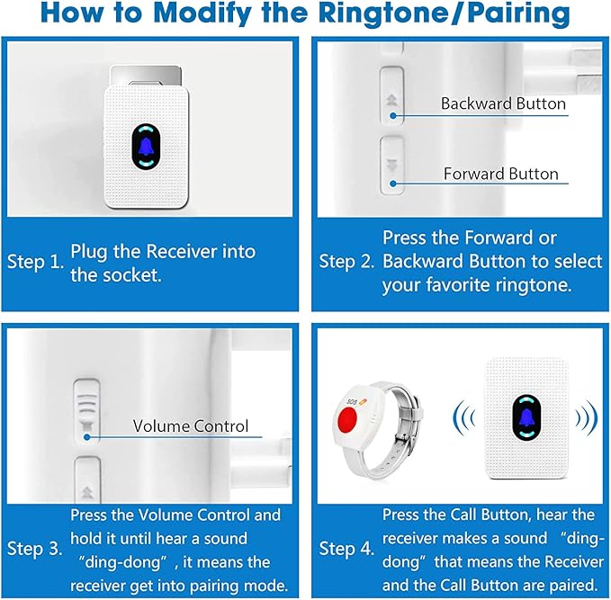 Daytech Wireless Caregiver Pager Wrist Call Button Personal Help Alert Pager System for Home Nurses Caregivers Patients Elderly 2 Alert Watches + 1 Receiver