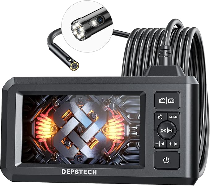 DEPSTECH Dual Lens Industrial Endoscope, 1080P Digital Borescope Inspection Camera, 7.9mm IP67 Waterproof Sewer Camera with 4.3" LCD Screen, 7 LED Lights, 16.5FT Semi-Rigid Cable, 32GB Card-Black
