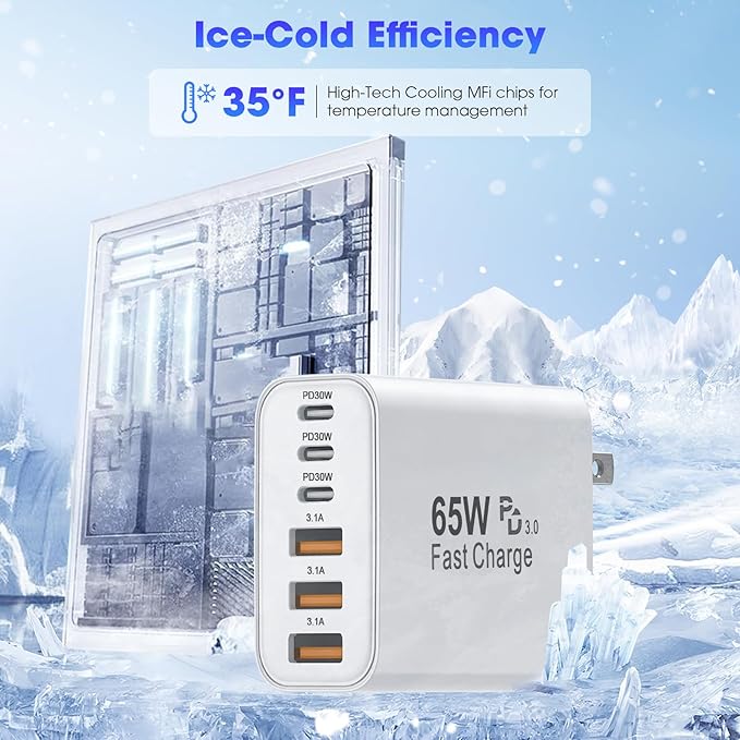 USB C Charger Block,2 Pack 65W 6 Port USB C Wall Charger,6 in 1 iPhone Charger Fast Charging PD+QC Power Adapter Multiport Type C Brick Chargers for iPhone 17/16/15/14/13/12/Pro Max/XS/Samsung