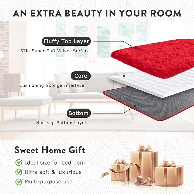 5x7 Red Rugs for Bedroom, Soft Fluffy Shaggy Rugs for Living Room, Non-Slip Modern Indoor Fuzzy Shag Floor Rug for Home Decor Aesthetic