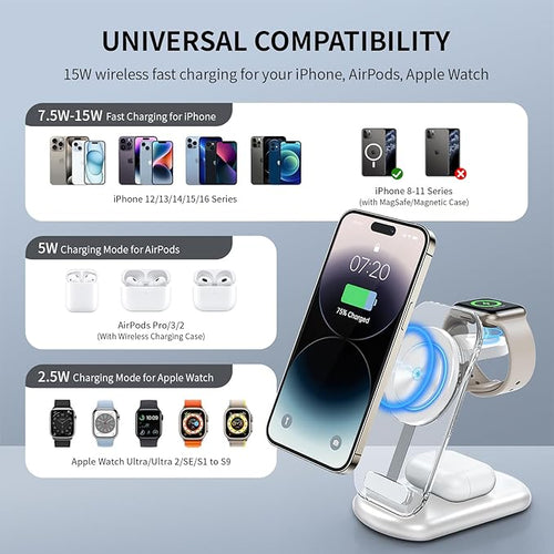2026 Traveling Wireless Mag-Safe Fast Charging Station,Magnetic 3 in 1 Charger with Light for iPhone 16 15 14 13 12 Pro Max Plus,Apple Watch Series & Air pods 4 3 2 Pro-Gifts for Wife & Husband