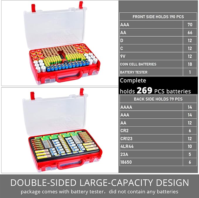 Aptbyte Battery Organizer Storage Holder Box Case with Tester- 269 Batteries Double-Sided Variety Pack, Holds AA AAA 4A C D Cell 9V 3V Lithium LR44 CR2 CR123 CR1632 18650 Button- Red (Box Only)