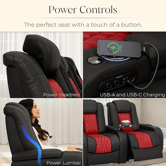 Seatcraft Diamante Zero-Gravity CoolZero Italian Leather Home Theater Seating, Power Headrest, Power Recline, Row of 5 Dual Loveseats, Black/Red
