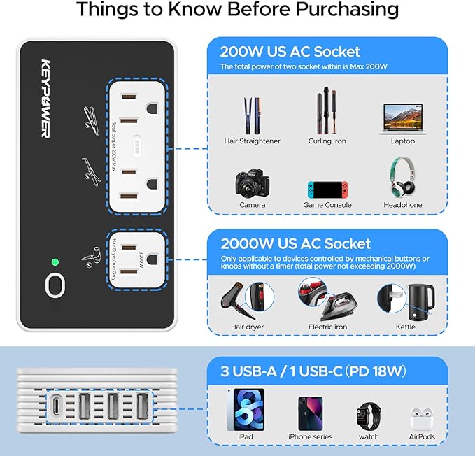 KEY POWER 2000W Voltage Converter US to Europe, 220V to 110V Converter for European Travel for Hair Dryer Straightener Curling Iron,International Universal Power Adapter with Type C, E/F, G, I, A.