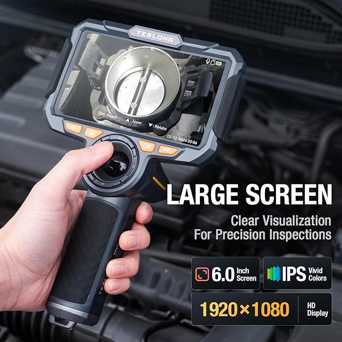 360 Articulating Borescope with 6” Monitor, Teslong Mechanics Inspection Camera with 4-Way Joystick Articulation, HD Steerable Endoscope Camera with Light, See in Wall Engine Hole Camera(0.24inch-5FT)