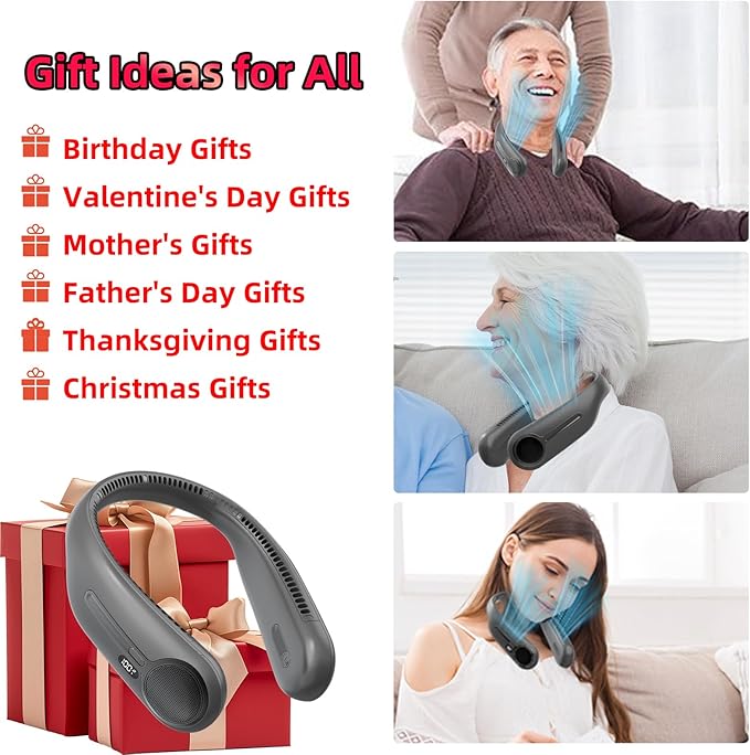Kinhowly Portable Neck Fan,Hands Free Personal Wearable Bladeless Fan,6000mAh USB Rechargeable,360° Cooling,LED Display,4-Speeds,Birthday Gifts for Men Women Dad Mom,Valentines Day Gifts (Dark grey)