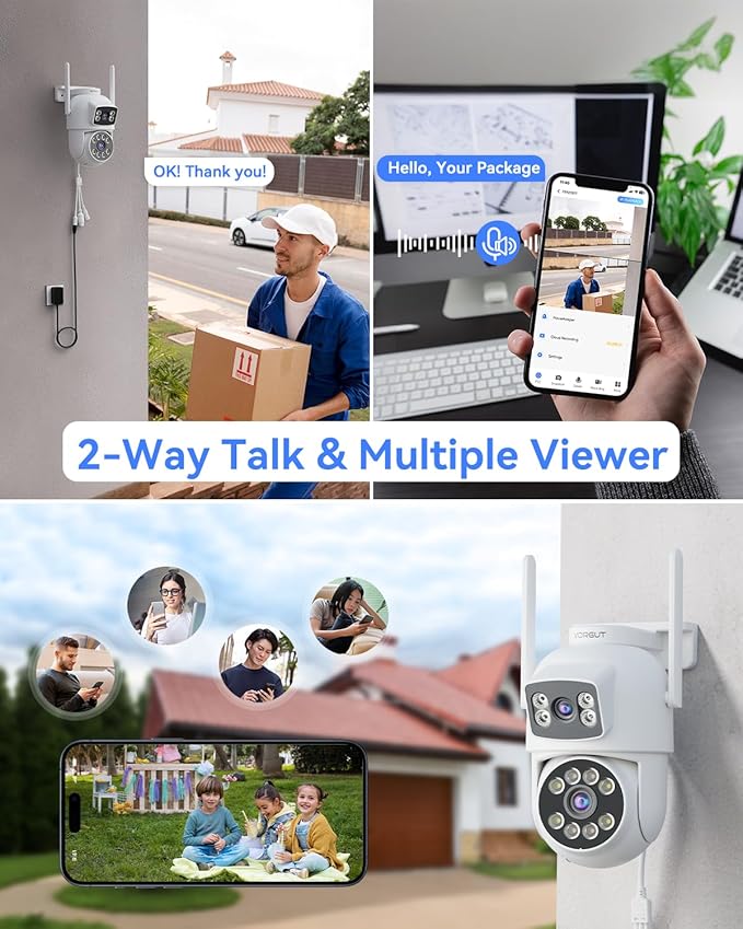VORGUT Security Camera System Wireless Outdoor with 12" Monitor, 4pcs 2K Dual Lens Cameras for Home & Business Surveillance, 360° PTZ, 2.4G/5G WiFi, Human Detection, Auto Tracking, 16CH NVR, 500G HDD