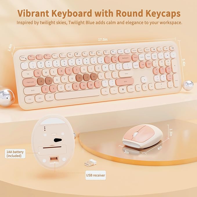 Nowlike Wireless Keyboard and Mouse Combo, Retro Typewriter Keyboard with Round Keycaps, Full-Size Ergonomic, Brown, Ideal for Windows PC, Home, Office, and College, Wireless Keyboard Mouse Combo