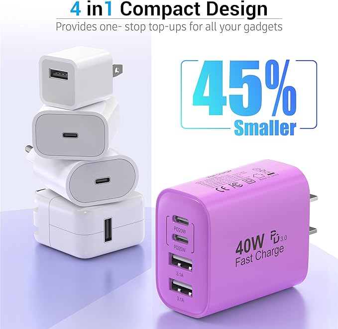 TT&C USB C Block 40W, 4 Ports Wall Plug Fast Charging Block, PD+QC Multiport Power Adapter USB C Charger Type C for iPhone 17,17 Air, 17 Pro,17 Pro Max, 16,15,14,13,12, Galaxy Phones (Purple 1Pack)
