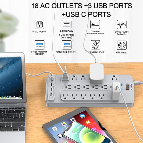 18 Outlets Surge Protector Power Strip - 6 Feet Flat Plug Heavy Duty Extension Cord with 18 Widely Outlets and 4 USB Ports, 2100 Joules, Grey, ETL Listed