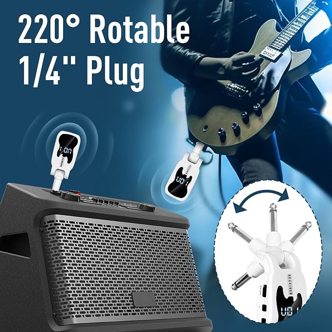 Devilclaw UHF Wireless Guitar System- 16 Channel Rechargeable Transmitter Receiver with Volume Control - Interference-Free Adapter for Bass Instruments(White)