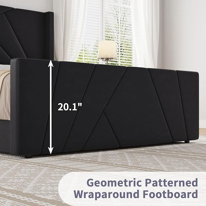 BarnFurin Queen Size Bed Frame, Velvet Upholstered Platform Bed with Geometric Tufted Headboard & Footboard, Wingback Design, Mattress Foundation with Wooden Slats, Black
