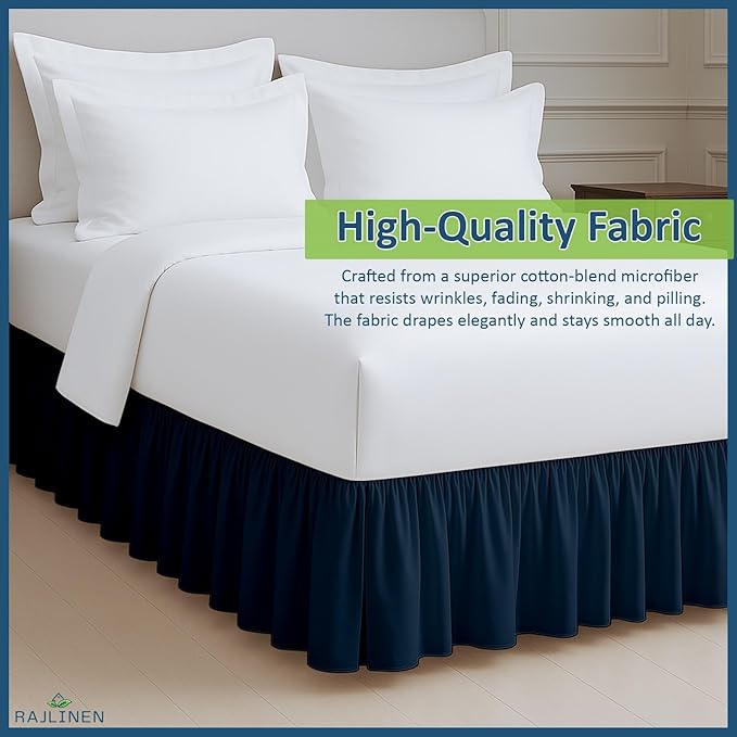 Rajlinen Ruffled Bed Skirt Full, 15 Inch Drop Dust Ruffle with Split Corners, 100% Microfiber Bedskirt with Platform, Three-Sided Coverage Ruffled Gathering Design, Navy Blue