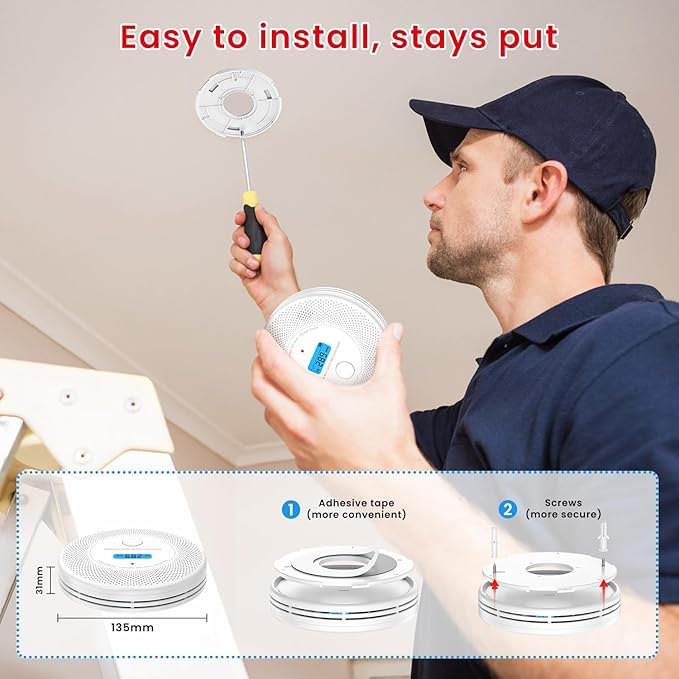 Alertlink 2-in-1 Smoke and Carbon Monoxide Detector Alarm, with Voice Alert,10-Year Battery Fire & CO Alarm with Large LCD Display, Easy Install with Adhesive or Screws