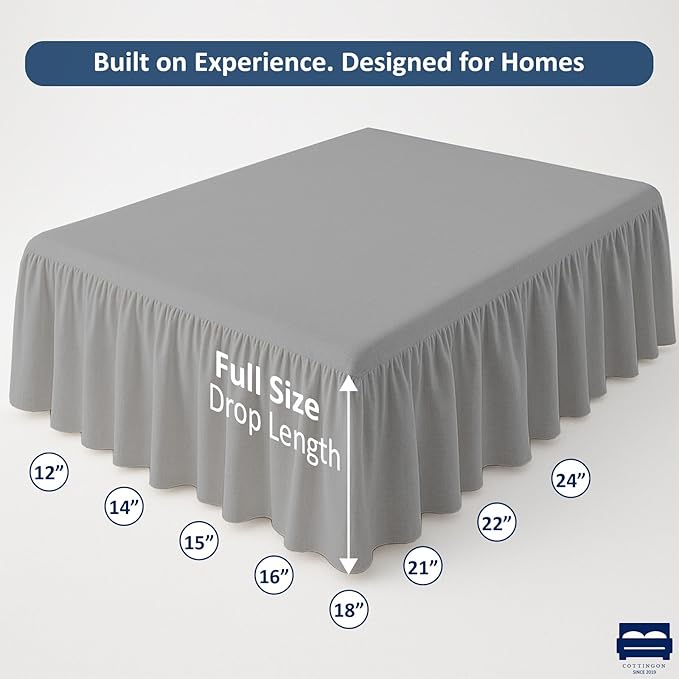 Ruffled Bed Skirt with Split Corners-Dust Ruffle - 12" Drop 100% Microfiber Soft,Sheen & Luxurious Look - Bed Skirts (Light Grey -Full)
