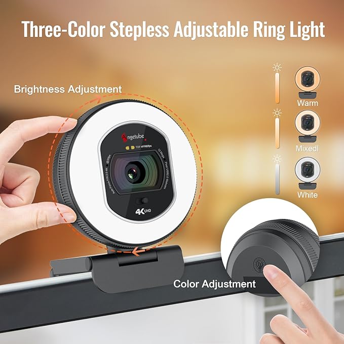 Angetube 4K Webcam with Light for PC: UHD 4K, TOF Auto Focus, Dual AI Noise-Cancelling Mics, 1080p@60FPS, USB Streaming Webcam w/Privacy Cover for Laptop/Mac/Desktop/PC Work w/Zoom/Teams/Google Meet