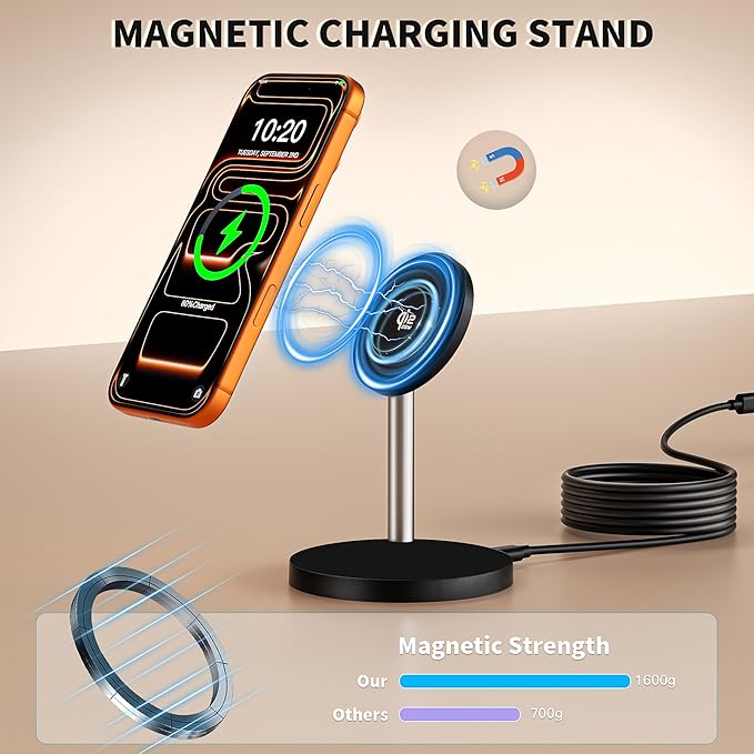Magnetic Wireless Charging Station,25W Fast Charger 6FT Mag safe Wireless Station Pad,[Qi2.2 Certified] 360° Charger Stand for iPhone 17/17 Pro/Air/17 Pro Max/16 Pro Max/15/14/13/12, AirPods Pro 2/3/4