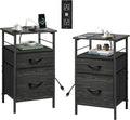 WLIVE Night Stand Set 2, Black Nightstand with Charging Station, Bedside Tables for Bedroom, Side Table with Fabric Drawers, USB Ports and Outlets