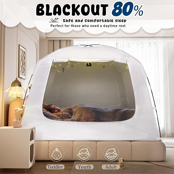 Bed Tent Bed Canopy Queen Size for Kid and Adults 100% Breathable Tents 4 Doors 80% Blackout - Indoor Portable Sleeping Tents Privacy Large Space with String Light