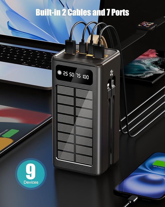 Feidyns 90000mAh Solar Battery Charger, 35W Fast Charging Solar Power Bank,Built-in USB-C/Lightning Cables for Camping,Travel,Emergencies,Tech Devices| 9-Port PD/USB-C, LED Flashlight
