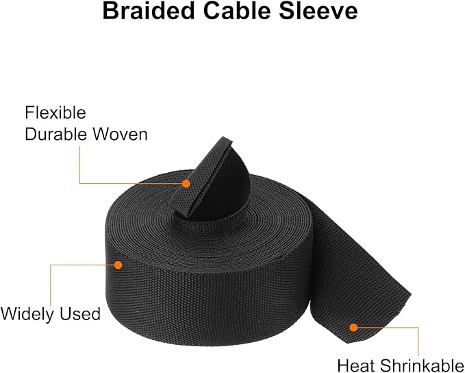 MECCANIXITY Braided Cable Sleeves Heat Shrinkable Fabric Sleeving, 1 3/8" 26ft Black 2:1 Ratio Heat Shrinkable Cord Protector for Harness Cable, Network Cable Protection, Cable Management