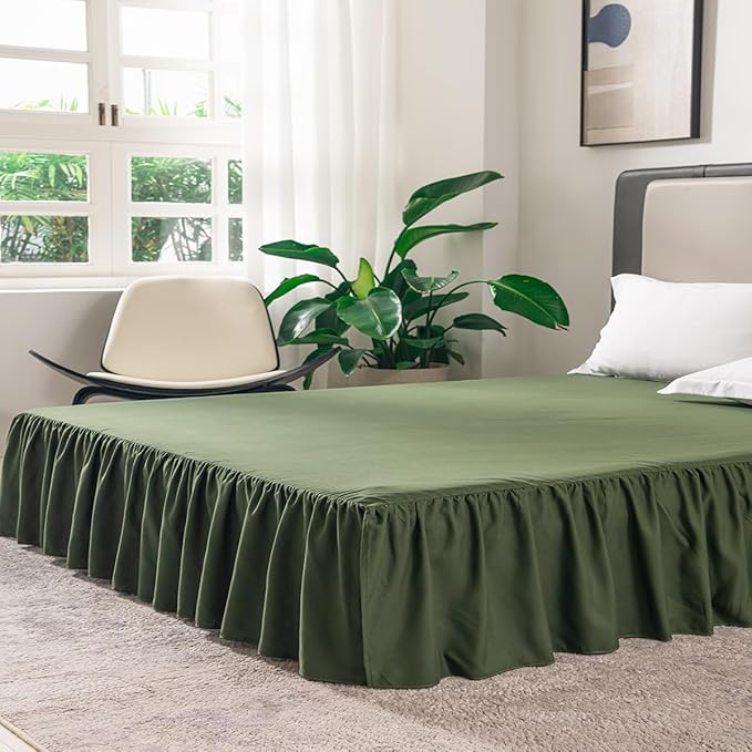 TSUTOMI Green Bed Skirt King Size Ruffled Bed Skirt with Split Corners, King Bed Skirt 12 Inch Drop, King Size Bed Skirt Green for Ruffled Bed Skirt with Split Corners, Bed Skirt King Size