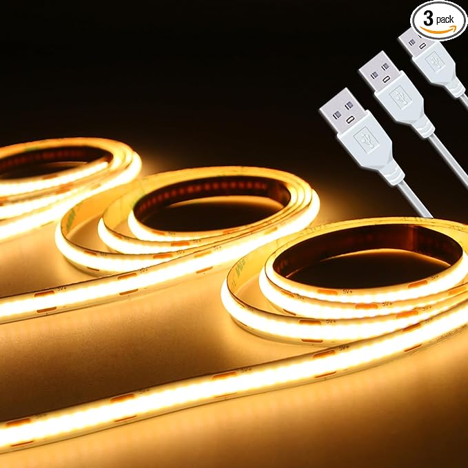 UVTaoYuan Led Strip Lights 5V USB Short COB LED Strip Light 3Pack 3000K Warm White Small Flexible Not Dimmable USB led Lights for Indoor Home DIY Lighting Room Decor 5V LED TV Lights (3.28FT/1M*3)