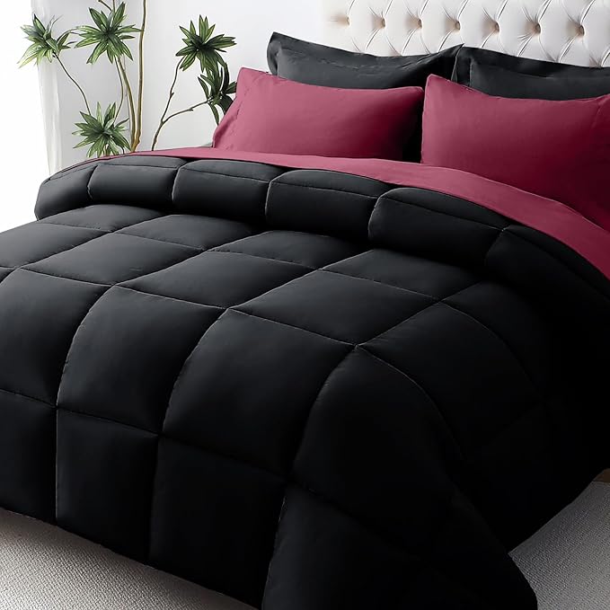JOLLYVOGUE King Comforter Set, Ultra-Soft Bed in a Bag King Size 7 Pieces, Oeko-TEX Certified Bedding Set with Down Alternative Comforter, Sheets, Pillowcases & Shams, Burgundy & Black