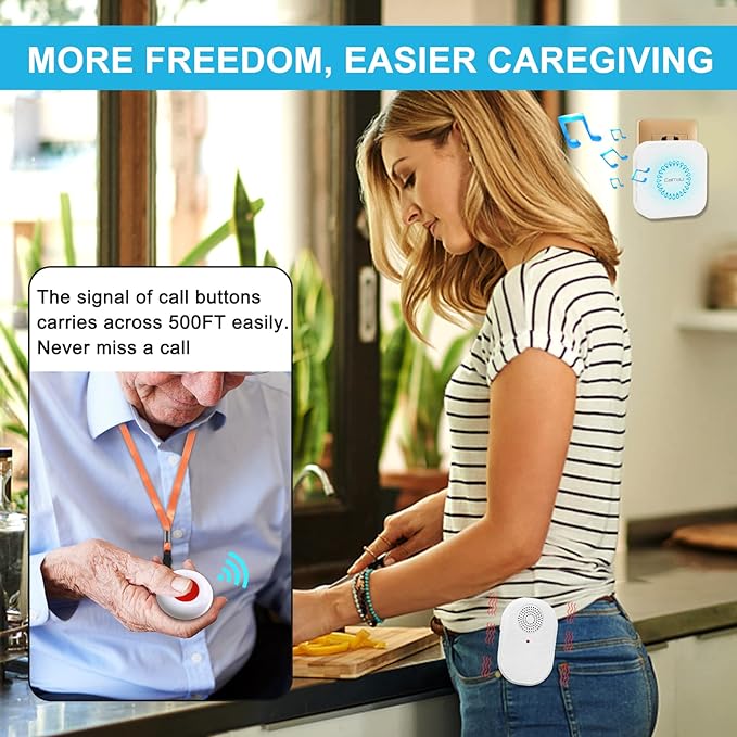 CallToU Wireless Caregiver Pager Call Button for Hard of Hearing Waterproof 500+ FT Nurse Alert System Elderly Monitoring Patient/Seniors 3 Panic Button 1 Plug-in 1 Vibration Receiver