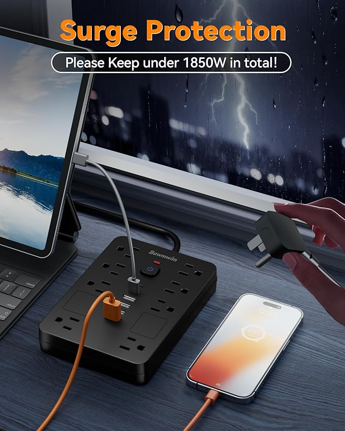 Bawmwim Surge Protector Power Strip - 8 Outlets(1850W/15A) with 6 USB Ports（2 USB C, 10FT Flat Plug Extension Cord, Wall Mount Multi Plug Outlet Extender, ETL Listed for Home, Dorm Room, Black