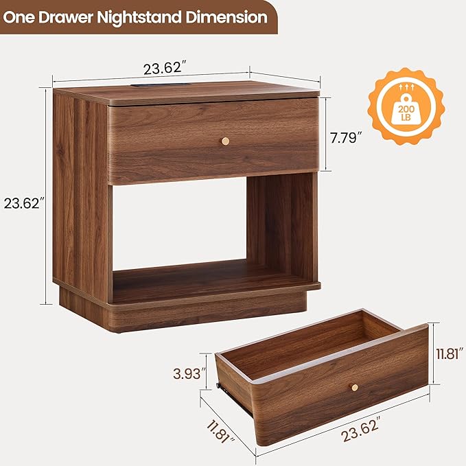 Narrow Nightstand Set of 2, Wooden Small 2 Drawer Nightstand, Slim Side End Table, Skinny Bedside Table, Mid Century Modern Night Stand with Drawers, for Living Room (Walnut-Charging Station-1 pc)
