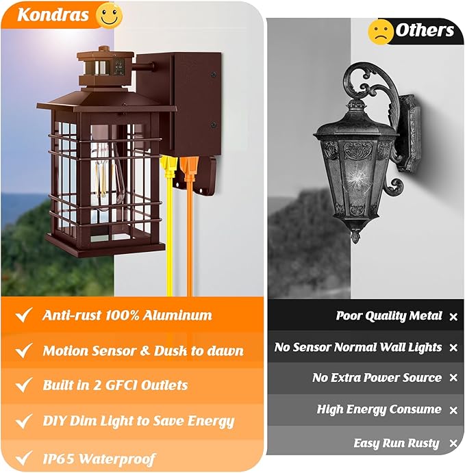 2-Pack Porch Light with GFCI Outlets, Brown Motion Sensor Dusk to Dawn Outdoor Wall Light Fixture, Waterproof Outside Wall Lantern Sconce 3 Lighting Modes, Exterior Wall Light for Front Door House