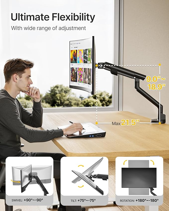 monTEK Single Monitor Arm for 17-40 Inch Screens, Up to 24.25lbs, Heavy Duty Monitor Mount with VESA Mount, Full Motion Adjustment Monitor Stand C-Clamp/Grommet Base, MA1010BK