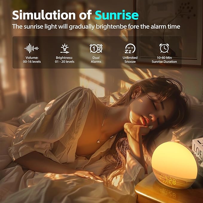 Wood Grain White Noise Sound Machine Sunrise Alarm Clock with 25 Soothing Sounds, 17 Dimmable Night Lights, Bluetooth Speaker Wake Up Light alarm clocks for bedrooms, Heavy Sleepers, Baby, Kids