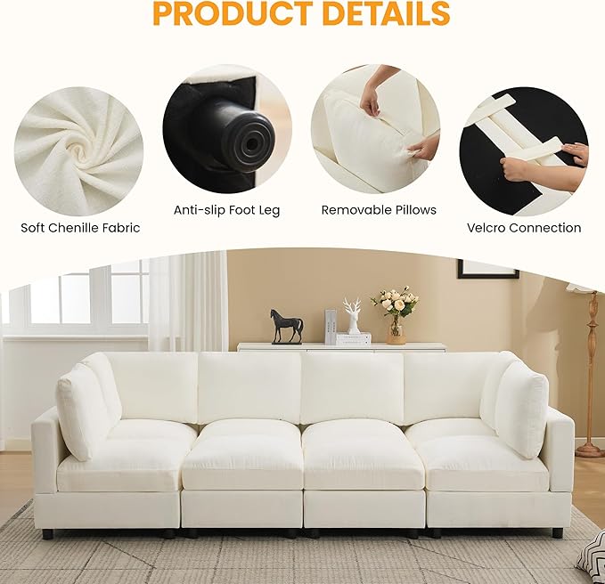 116'' Modular Sectional Cloud Sofa Bed, 8-Seater Convertible Sofa Couch with Ottoman, Modern Deep Seat Sleeper Sofa for Living Room, Chenille Beige