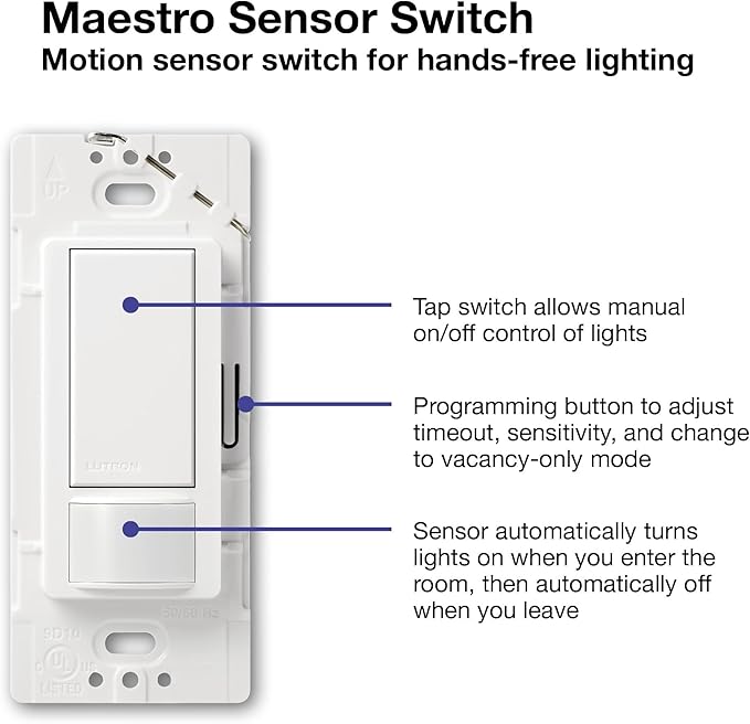 Lutron Maestro Motion Sensor Light Switch Indoor for Bathroom, Garage, Laundry Room, Closet, Occupancy Sensor Light Switch, Single-Pole, No Neutral, MS-OPS5M-IV