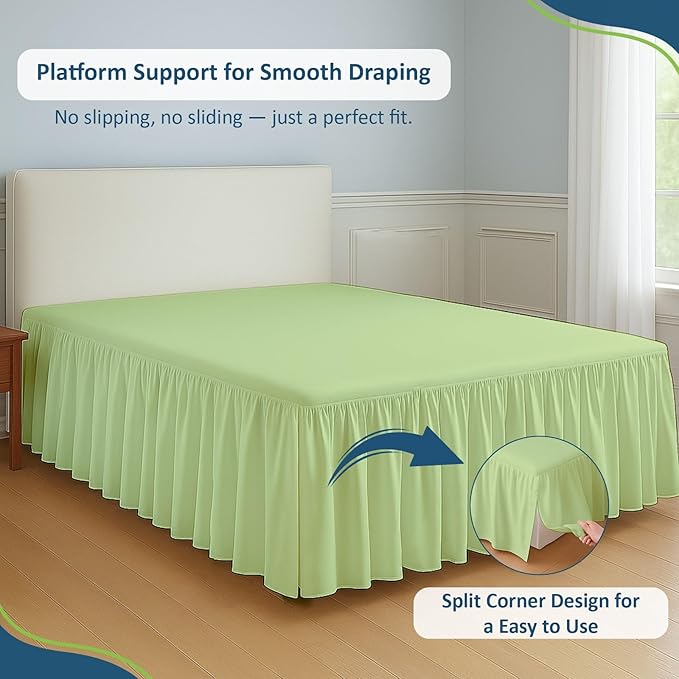 Rajlinen Ruffled Bed Skirt Twin XL, 12 Inch Drop Dust Ruffle with Split Corners, 100% Microfiber Bedskirt with Platform, Three-Sided Coverage Ruffled Gathering Design, Sage