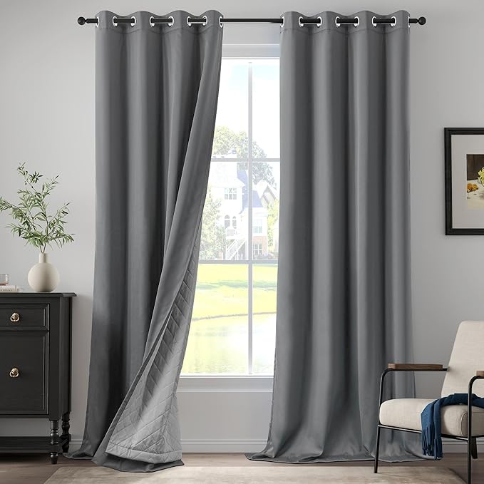 Grey Soundproof Curtains 3-in-1 Blackout Curtains Energy Saving Thermal Insulation Drapes for Winter Grommet Sound Dampening Curtains for Bedroom Living Room (1 Panel, Grey, 50" x 108")