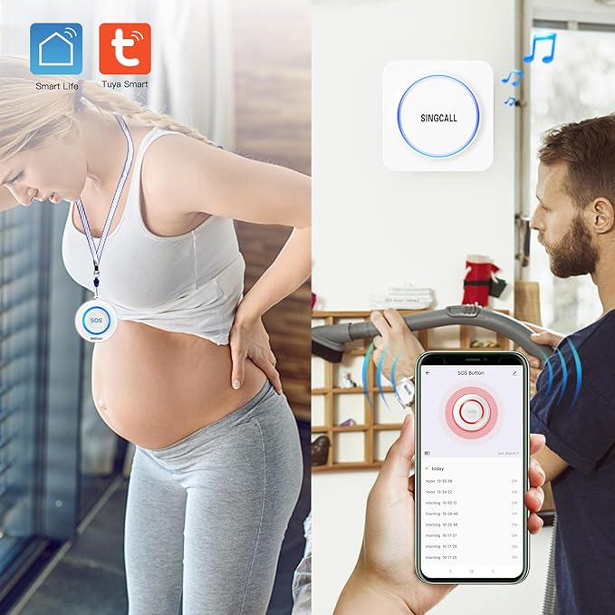 SINGCALL Tuya WiFi SOS Wireless Calling Caregiver Pager System Calling Alert System for Patients Seniors Elderly Disabled 1 Plugin Receiver 1 Smart Emergency Call Button (only Supports 2.4GHz Wi-Fi)