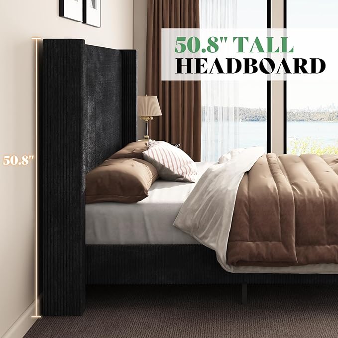AMERLIFE Queen Size Upholstered Bed Frame with 50.8" Tall Headboard, Wingback Platform Bed with Solid Wood Legs, Wooden Slats, Corduroy/No Box Spring Needed/Noise Free/Black