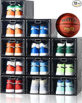 12 Pack Large Shoe Storage Box, Clear Shoe Storage Organizer with Magnetic Door, Stackable,Shoe Containers For Display Sneakers, Easy Assembly, Fit up to US Size 12, Black