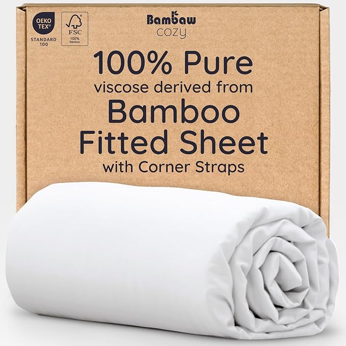 Bambaw 100% Viscose Derived from Bamboo Fitted Sheet Twin Size, 15’’ Deep Pocket Twin White Fitted Sheet Only, Cooling Fitted Sheet Twin Size, Breathable & Soft Fitted Sheet with Corner Straps (White)