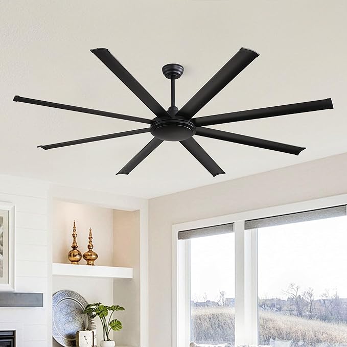 WINGBO 80 Inch Industrial Ceiling Fan without Light, 8 Aluminum Blades Ceiling Fan No Light, 6-Speed Reversible Noiseless DC Motor for Kitchen Bedroom Living Room, Matte Black