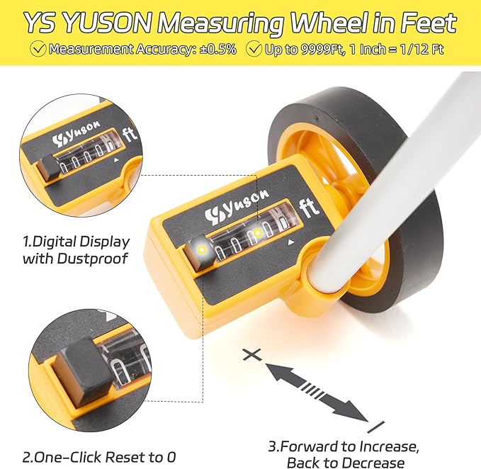 YS YUSON Rolling Measuring Wheel in Feet, Digital Measuring Wheel for Construction, Walking Measuring Wheel, Measure Wheel with Tape Measure and Level Ruler, One Key to Reset, 4 Inch, Up to 9999Ft