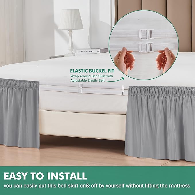Biscaynebay Wrap Around Bed Skirts with Split Corners for King Beds 21" Drop, Silver Grey Elastic Dust Ruffles Easy Fit Wrinkle & Fade Resistant Silky Luxurious Fabric Solid Machine Washable