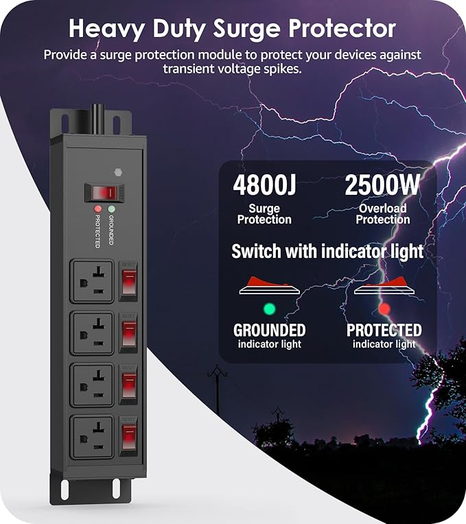 CCCEI Heavy Duty Surge Protector Power Strip 20 Amp Individual Switches. 4FT 12 Gauge Extension Cord with Multiple Outlets. Kitchen, Garage, Shop, Industrial Wall Mount Electric Extender, Black.