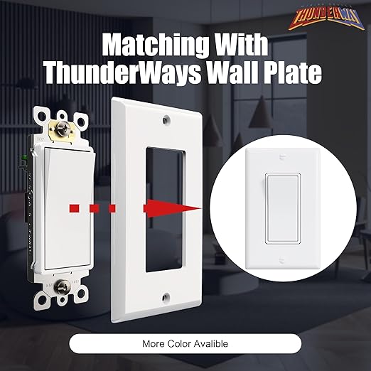 ThunderWay 3 Way Decorator Light Switch with Wall Plates, 15A 120/277V Decora Three Way Electrical Wall Paddle Rocker Switches Replacement, Residential Grade, UL Listed, Glossy White(10 Pack)