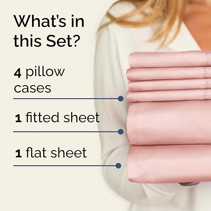 Queen 6 Piece Sheet Set - Cooling, Comfy & Breathable - Hotel Luxury Bedding, Includes Fitted Sheet for Women, Men, Kids & Teens - 1 Flat, 1 Fitted Sheet, 4 Pillowcases with Deep Pockets - Baby Pink