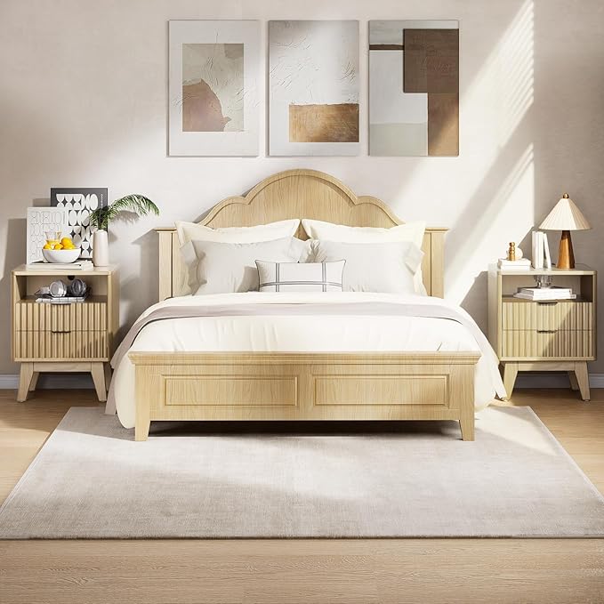 Nightstand Set of 2 with Charging Station, Modern Fluted 2 Drawer End Tables with Storage Shelf, Natural Oak Bedside Tables for Bedroom & Office