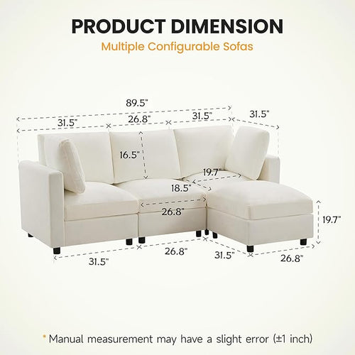 89'' 3-Seater Modular Sectional Cloud Sofa with Ottoman, L-Shaped Couch for Living Room, Modern Convertible Deep Seats Sofa, Chenille Beige